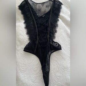 Eyelash lace cross lacing cleavage thong teddy bodysuit With Love Lilly
